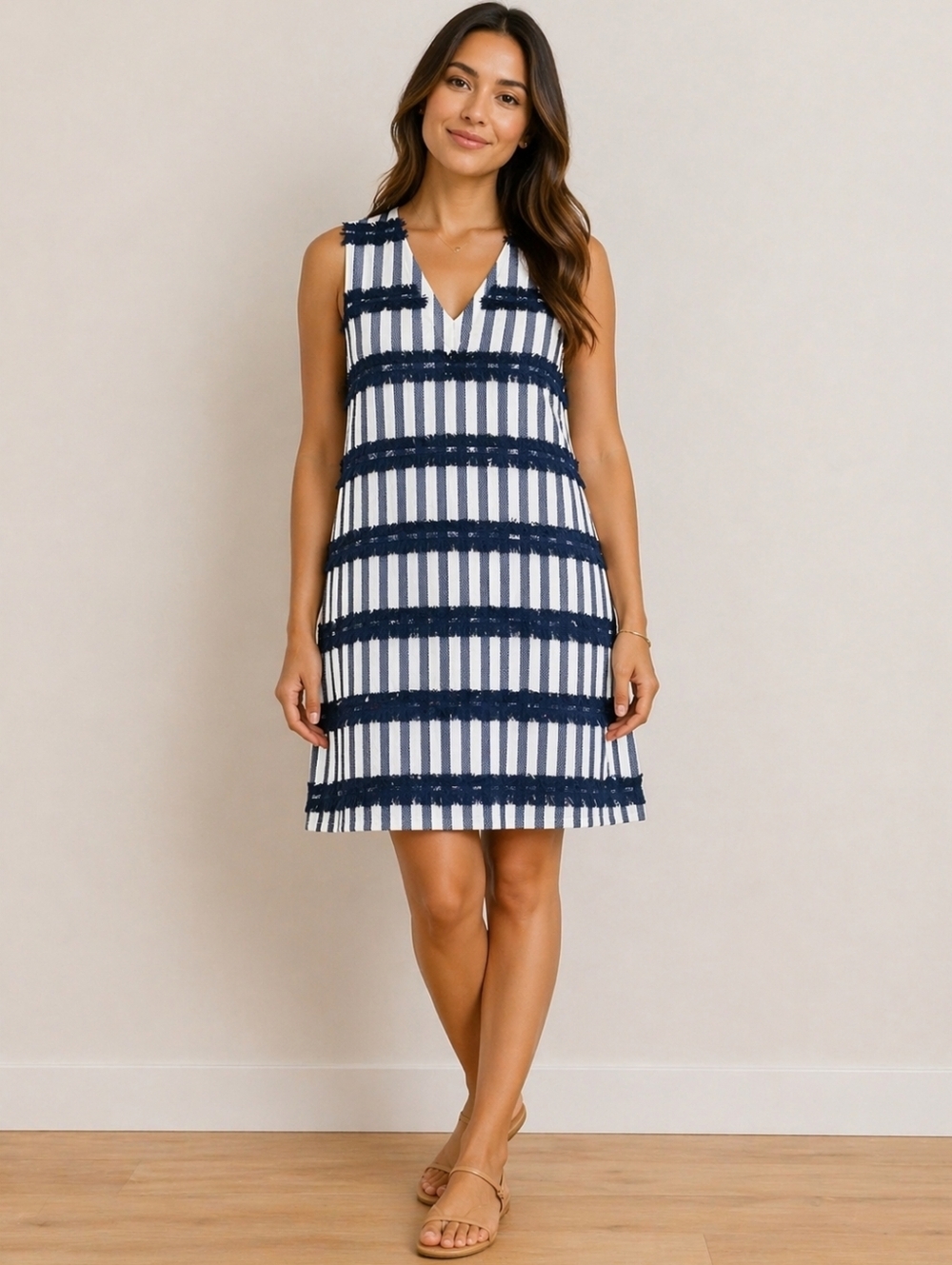 Vilagallo Orleans Striped Fringe Dress Womens Size 40 8 Jacquard Navy White